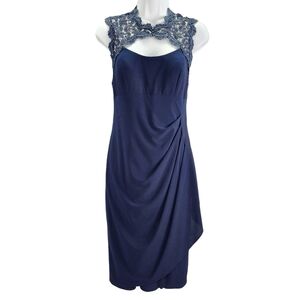 XSCAPE Lace Cutout Ruched Midi Dress Navy 6 NWT